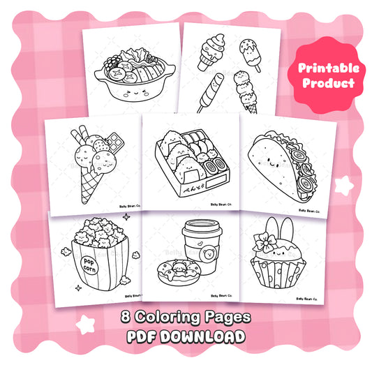 Printable Cute Food & Drinks Coloring Pages (Pack of 8)